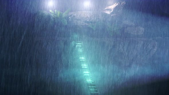 Bridge Hanging In The Middle Of The Rainy Night - Cold Rain Midnight At Night In The Forest