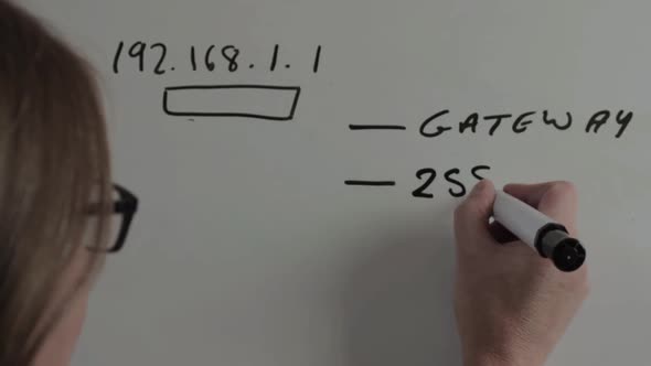 Female network Ethernet engineer designing network on whiteboard alt