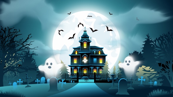 Haunted House Halloween Background - Ghosts flying - Cartoon Animations