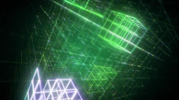 3D Big Data Digital Cube Cyber Punk Square with Futuristic Matrix