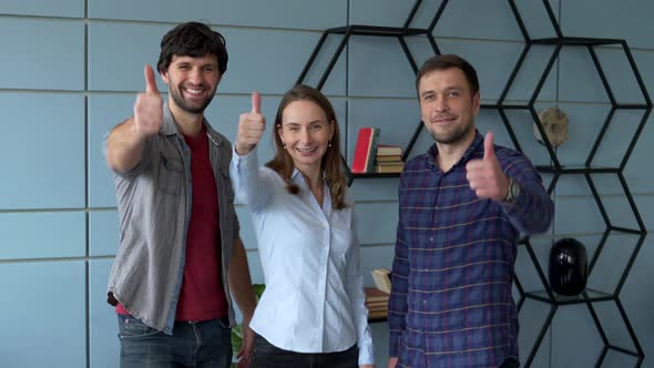 Three Careless Carefree Cooperation Partners Show Thumbs Up Demonstration Recommend Nice Perfect alt