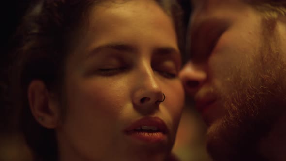 Closeup Gentle Lovers Faces Enjoy Tender Touch on Honeymoon alt