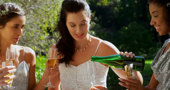 Bride serving champagne to the bridesmaids 4K 4k alt