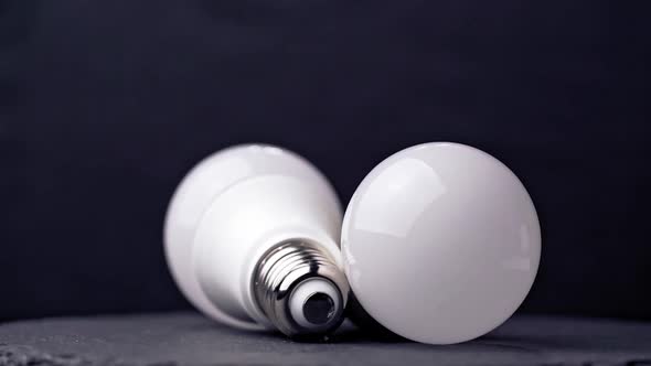 Lighting electric lamps for living rooms LED and incandescent bulbs close-up lie on the table alt