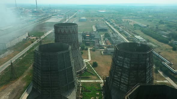 Plant Territory, Huge Exhaust Pipes, Aerial View, Factory Halls and Buildings, Large Factory Area