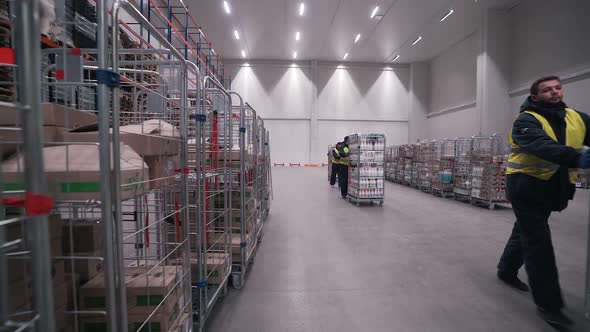 Workers Move Goods in Warehouse