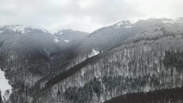 Amazing Aerial Flight Over Misty Mountain Range Meadows and Snow Covered Peaks in Winter Time
