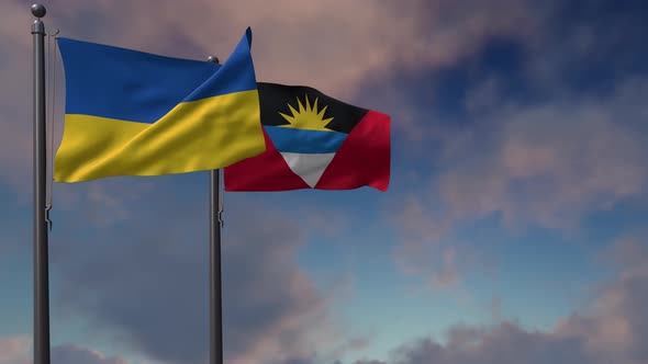 Antigua And Barbuda Flag Waving Along With The National Flag Of The Ukraine - 4K alt