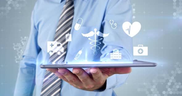 Businessman touching virtual digital interface icon on digital tablet alt