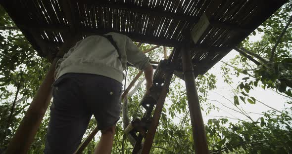 Close Up Circling View of a Man Climbing Up Into a Wooden Wildlife Observation Hut in Tropical