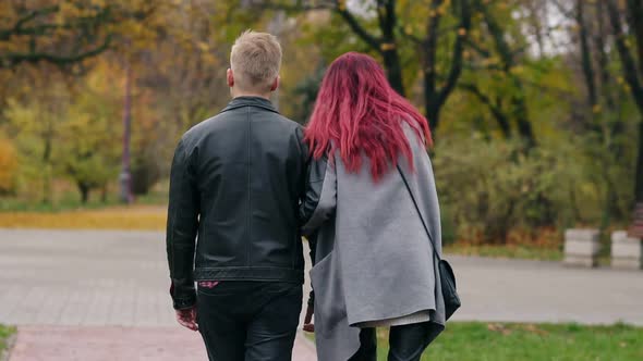 Bacl View of Romantic Young Couple Walking in Autumn Park During the Day alt