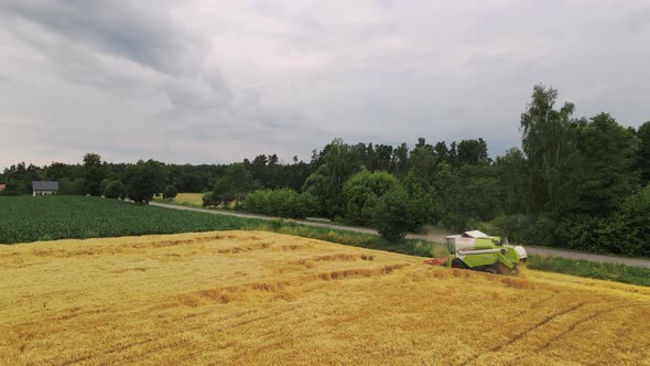 Drone View of a Modern Combine Harvester Reaping Wheat Near Forest