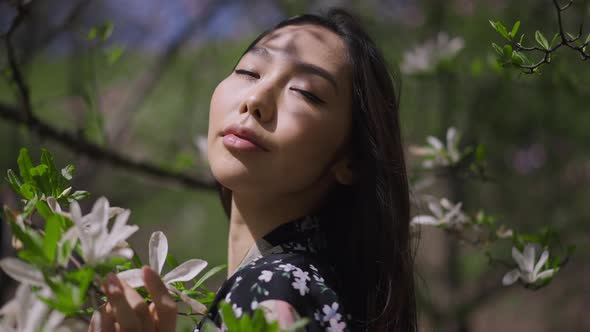 Headshot Portrait of Confident Beautiful Asian Young Woman Posing at Blooming Tree with White alt