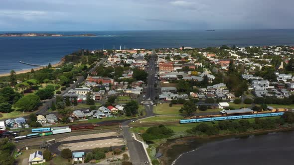 AERIAL Downtown Queenscliff, Australia With Bass Straight alt