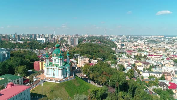 Aerial Drone Footage. Fly Near St. Andrews Church and Panorama of Kyiv, Ukraine