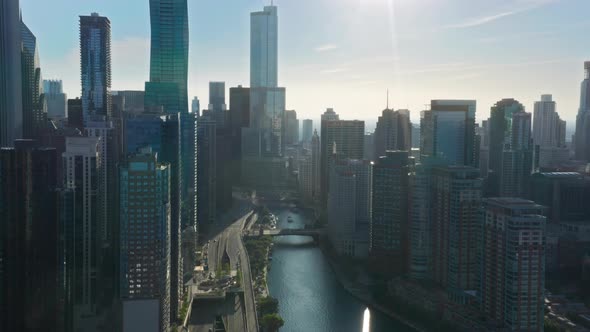 Cinematic Aerial Bridge Over Chicago River Illinois USA  Chicago River Walk alt